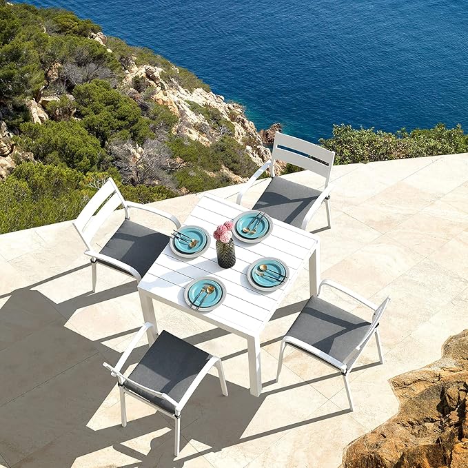 Soleil Jardin Aluminum Patio Extendable Dining Table, 35" - 71", Adjustable Indoor Outdoor Furniture Rectangle Table for 4-6 Person Porch Deck Garden, White