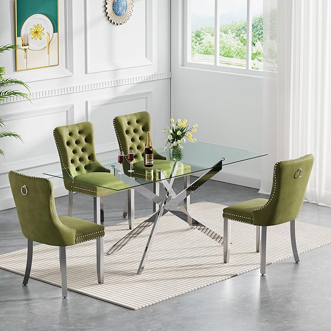 Goujxcy 7 Piece Glass Dining Table Set Modern Glass Dining Table Set for 6, 61" Rectangular Silver Kitchen Table and 6 Velvet Upholstered Chairs, Silver Table & Olive Green Chair