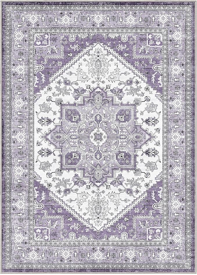OPPODREAM Thin Area Rugs 4x6, Low-Pile Washable Rugs 4x6 with Non Slip Backing, Faux Cashmere 4 x 6 Throw Carpet, Purple