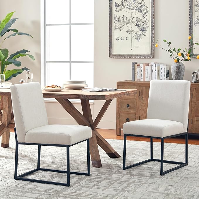 VKNOW Upholstered Dining Chairs Set of 4, Modern Dining Room Chairs, Linen Kitchen Chair Dinner Chair with Black Metal Base for Kitchen Office, Beige-Unstriped