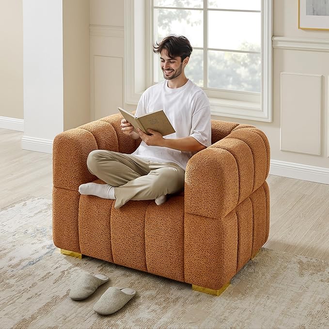 VANOMi 90.94”Cloud Sofa Couch, Modern Deep Seat Boucle Sofa, Oversized Upholstered 3-Seater Comfy Couch Loveseat for Living Room, Bedroom, Office, Apartment, Curry (1 Piece)