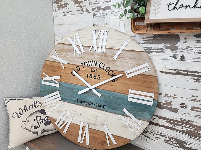 24" Wooden Multi-Color Maritime Coastal Beach Large Roman Wall Clock (Blue, 24 inch)