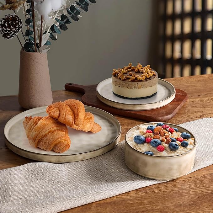 LIANYU Dinnerware Set for 4, 12 Piece Plates and Bowls Ceramic Dish Set, Includes Dinner Salad Plates, Cereal Bowls, Microwave & Dishwasher Safe, Sandy Beige