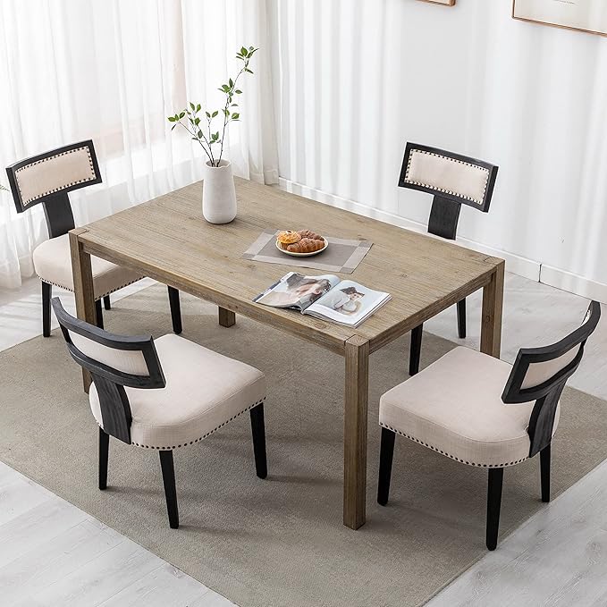 Mid Century Modern Dining Chairs Set of 6 Linen Fabric Upholstered Kitchen Side Chairs with Nailhead Trim, Modern Kitchen Armless Solid Wood Dining Chairs, Beige
