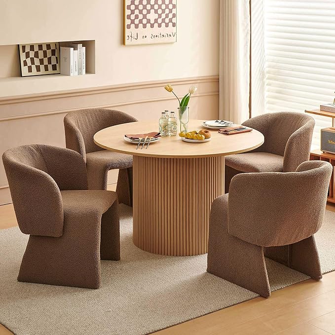 Upholstered Dining Chair Brown Set of 4, Stylish Accent Barrel Side Chairs, Cozy Single Sofa Chair, Teddy Velvet Comfortable Armchair for Bedroom, Reading, Waiting Room, Kitchen and Dining