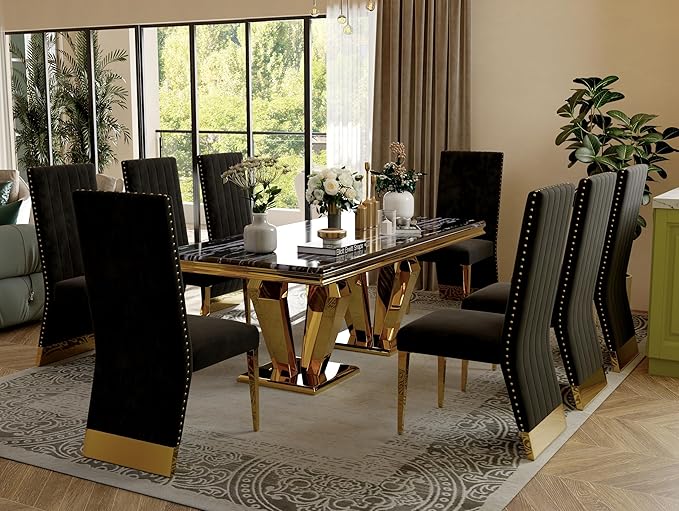 AUZ Dining Chairs Set of 6, Black and Gold Dining Room Chairs with Nailhead Trim and Gold Legs, Black Velvet Upholstered Dining Chair for Dining Table, Kitchen and Dining Room, Modern Luxury Style