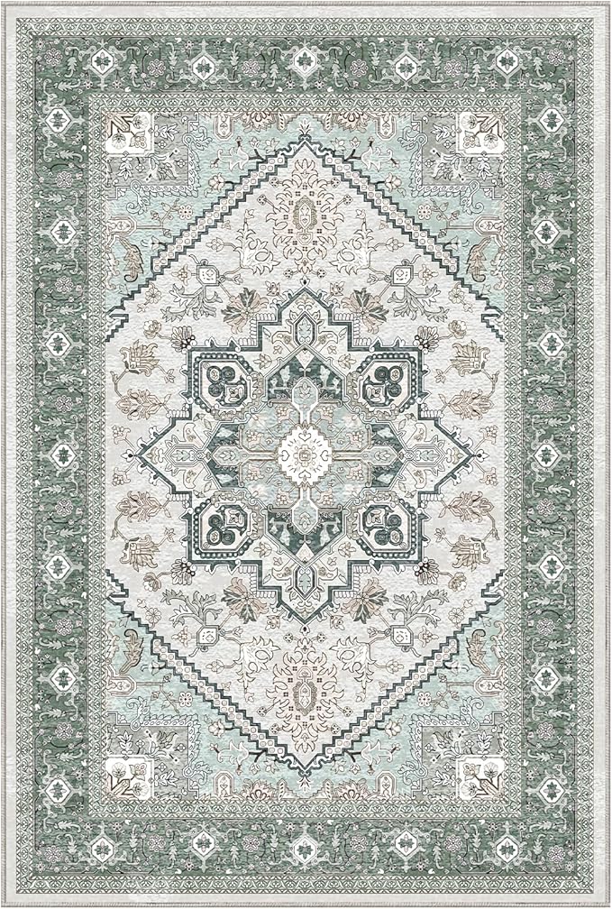 OPPODREAM Thin Area Rugs 5x7, 5x7 Washable Rug with Non Slip Backing, 5 x 7 Faux Cashmere Low-Pile Carpet, Green
