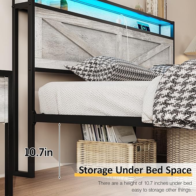 Vabches Queen Size Bed Frame with Headboard and Charging Station, Wash Grey Platform Bed Frame with Led Light, No Box Spring Needed, Noise Free Farmhouse Bedroom Set