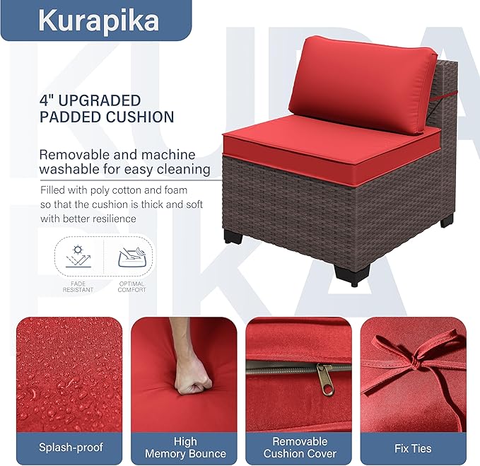 Kurapika 12 Pieces Patio Furniture Set, Rattan Wicker Sofa Set, Outdoor Conversation Sets w/Swivel Rocking Chairs Patio Sectional Sofa w/4 Inch Cushion, Red