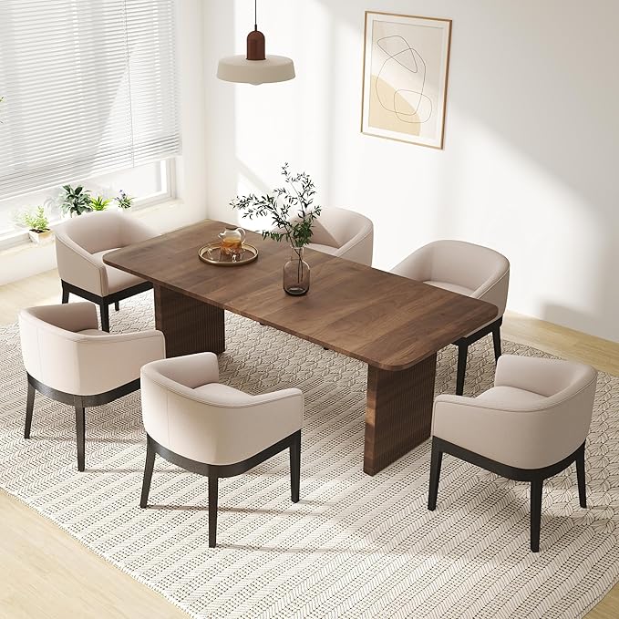 Beige Dining Chairs Set of 2 Mid-Century Modern Dining Chairs Linen Upholstered Kitchen Dining Room Chairs Curved Backrest Dining Chair with Black Wood Legs