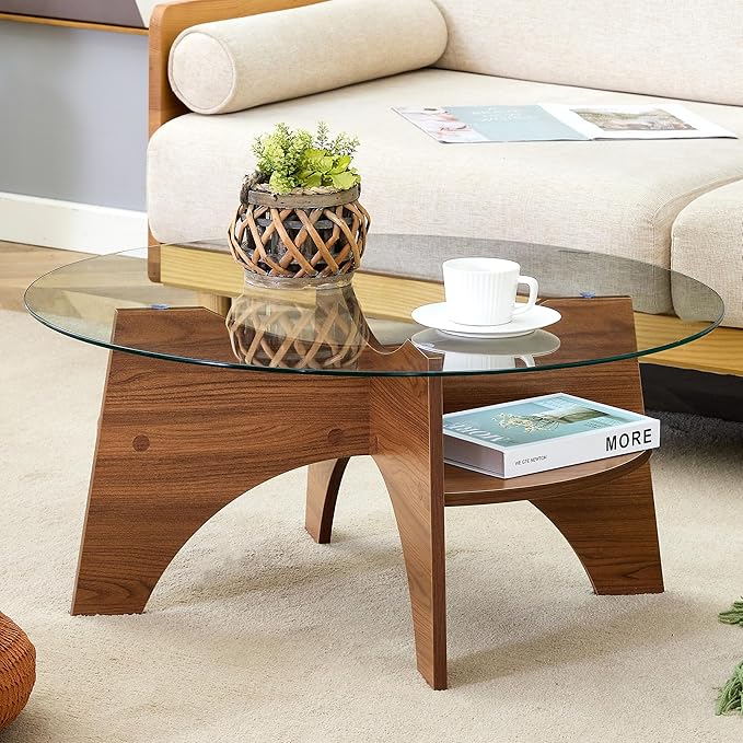 LKTART 31.5" Round Glass Coffee Table with Tempered Glass Top and MDF Base, Diagonal Fan-Shaped Tray Design Table Leg Simple & Modern Center Table for Living Room Office Apartment Walnut