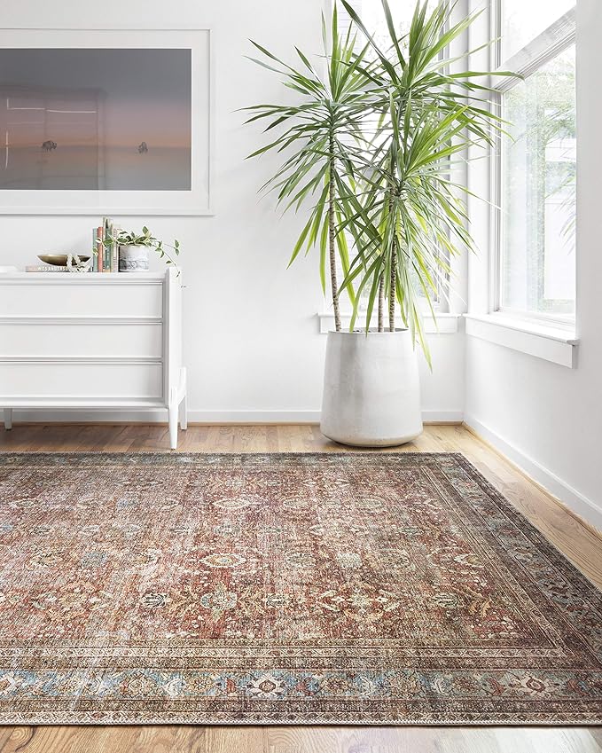 Loloi Layla Collection LAY-01 Brick/Blue 2'-0" x 5'-0" .13" Thick Accent Rug, Soft, Durable, Vintage Inspired, Distressed, Low Pile, Non-Shedding, Easy Clean, Printed, Living Room Rug
