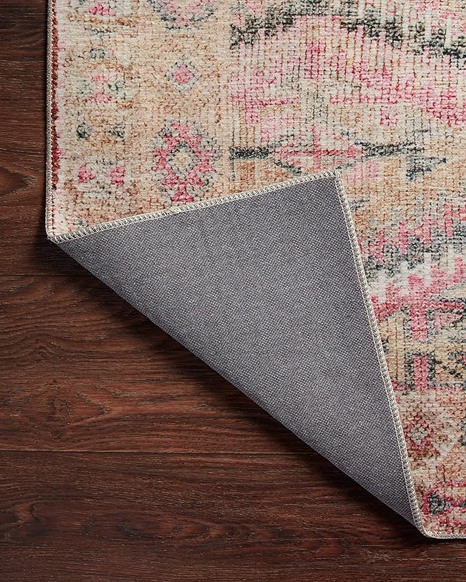 Loloi Layla Collection LAY-17 Pink/Lagoon 2'-6" x 7'-6" .13" Thick Runner Rug, Soft, Durable, Vintage Inspired, Distressed, Low Pile, Non-Shedding, Easy Clean, Printed, Living Room Rug