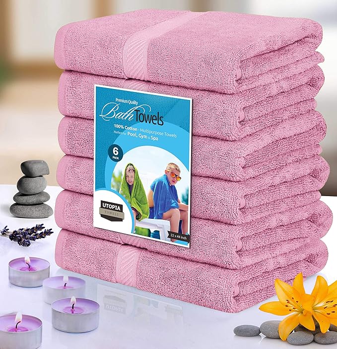 Utopia Towels 6 Pack Medium Bath Towel Set, 22 by 44 Inches, 500 GSM 100% Ring Spun Cotton, Lightweight and Highly Absorbent Quick Drying Premium Towels for Hotel, Spa and Bathroom, Pink