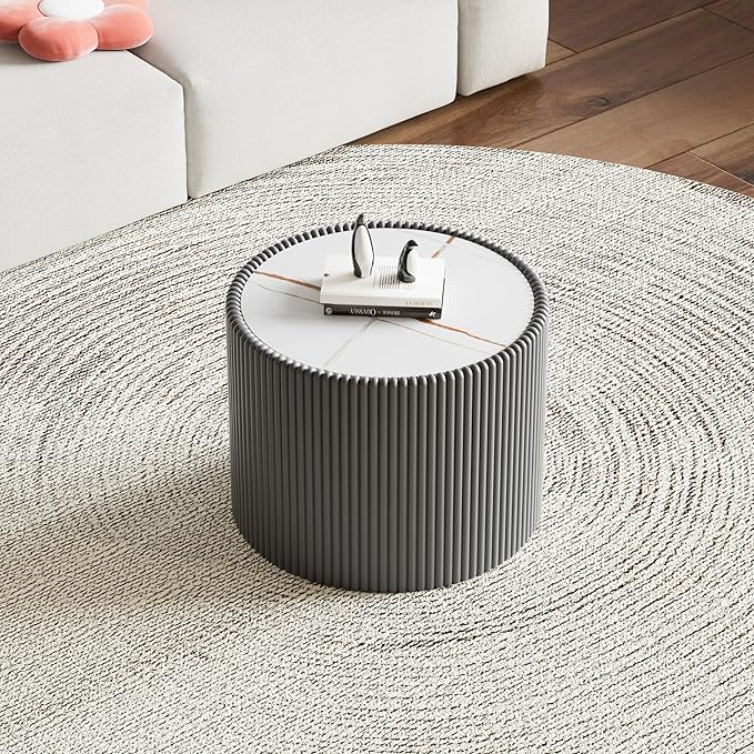 Round Coffee Table Set with Sintered Stone Tabletop, 29.52" Grey Drum Center Table and 17.71" Grey Coffee Table Set, 2 Pieces Living Room Table Set with Fluted PU Leather Cover& Stable Base