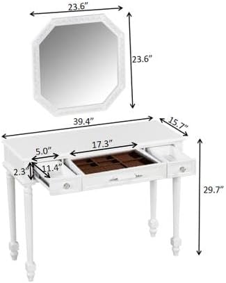 Merax Retro Makeup Vanity Desk with Large Mirror, 39.3 Inch Dressing Table with 3 Drawer for Jewelry Storage, Small Exquisite Console Table for Entryway Living Room Bedroom Hallway Foyer, White