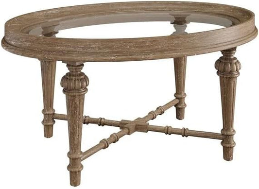 Hekman Furniture Oval Coffee Table – Rustic Glass Top Coffee Table with Turned Legs & Cross Brace Vintage Inspired Farmhouse Table Best for Living Room Office Home Decor & Small Gatherings