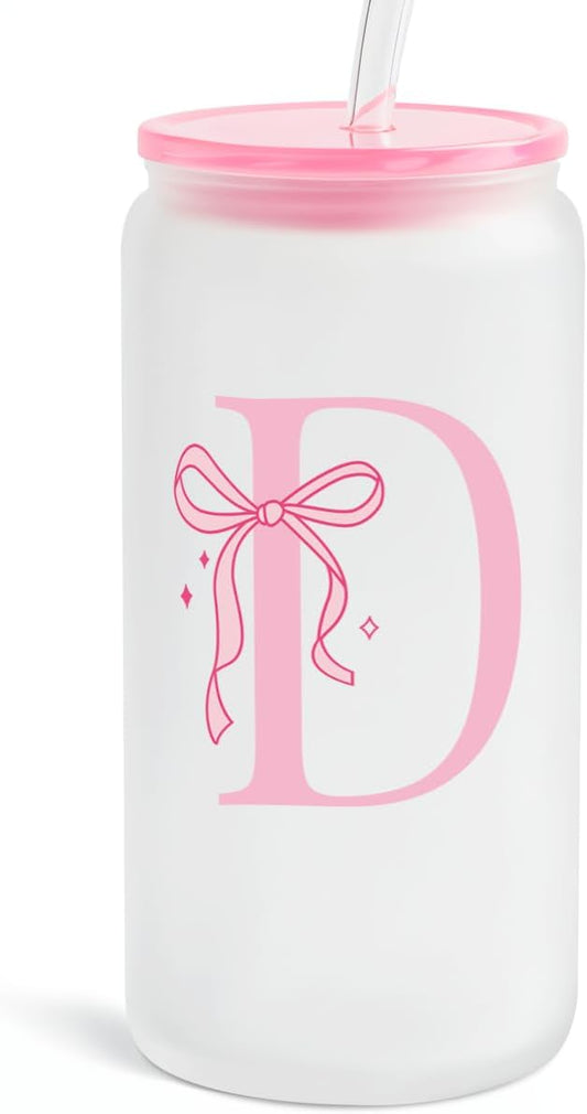 SANDJEST Monogrammed Glass Drinking Can Cup with Acrylic Lid and Straw, Personalized Frosted Iced Coffee Tumbler 16oz, Monogram Initial Gifts for Women Girls on Birthday (D)