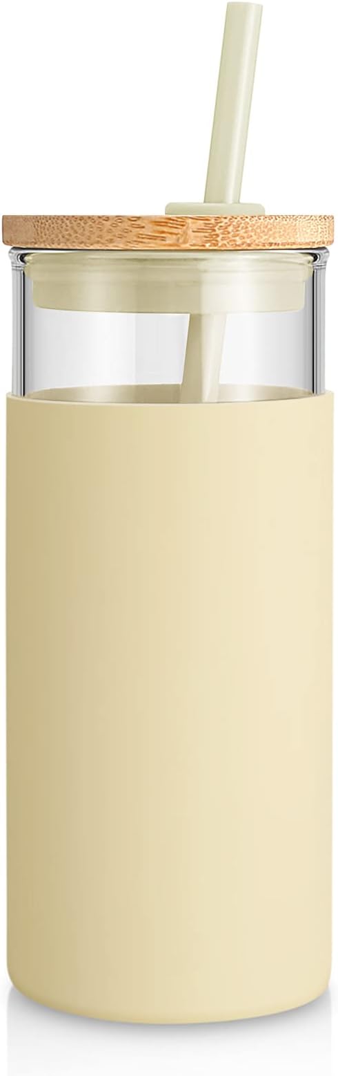Tronco 20 oz Glass Tumbler with Lid and Straw, Iced Coffee Cup and Smoothie Cup with Bamboo Lids & Protective Silicone Sleeve, Dishwasher Safe, BPA-Free, Glass Cup 1 Pack