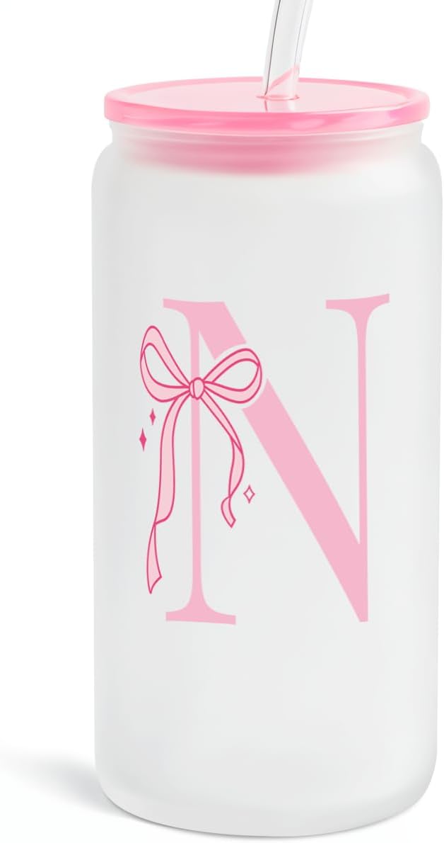 SANDJEST Monogrammed Glass Drinking Can Cup with Acrylic Lid and Straw, Personalized Frosted Iced Coffee Tumbler 16oz, Monogram Initial Gifts for Women Girls on Birthday (N)