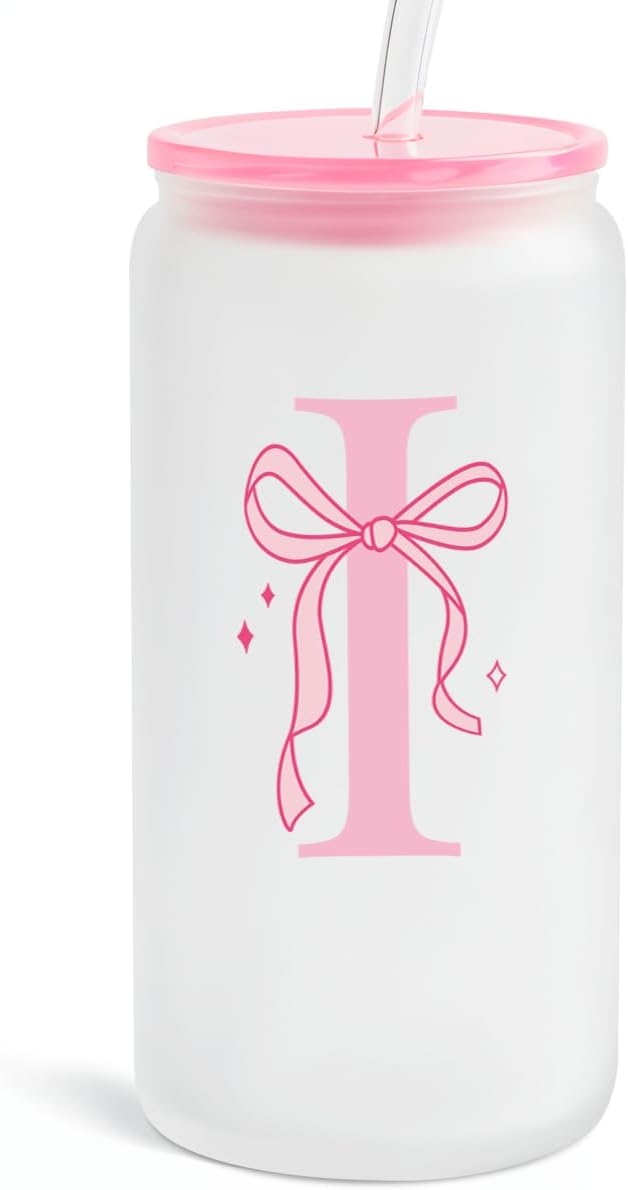 SANDJEST Monogrammed Glass Drinking Can Cup with Acrylic Lid and Straw, Personalized Frosted Iced Coffee Tumbler 16oz, Monogram Initial Gifts for Women Girls on Birthday (I)