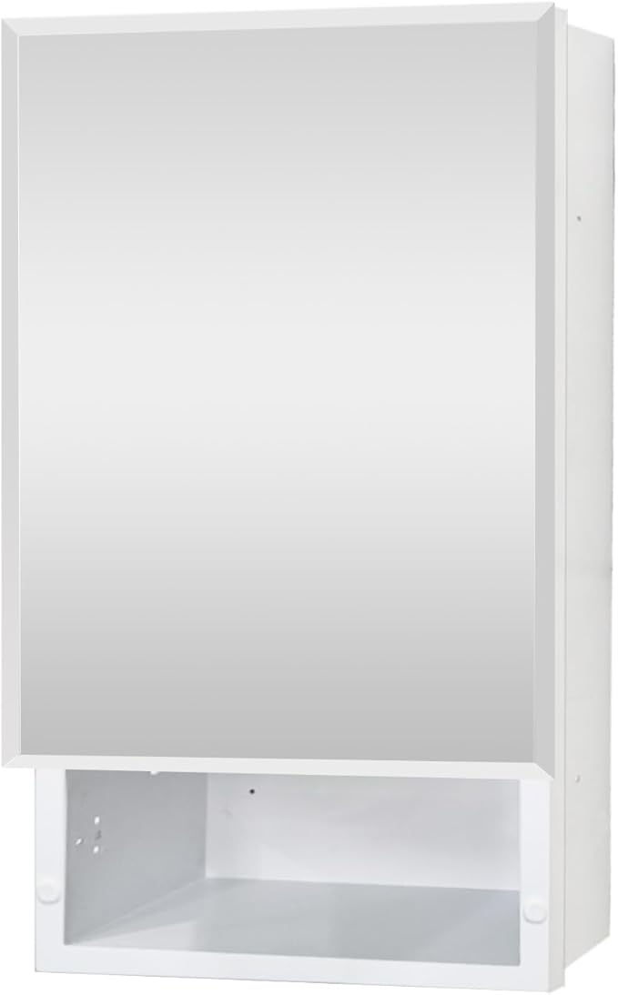 Bathroom Medicine Cabinet with Mirror, 16x26 Inch Platstic Framed Beveled Edge Mirror Cabinet with Removable Shelves, Extra Storage Space, Recessed or Surface Mount