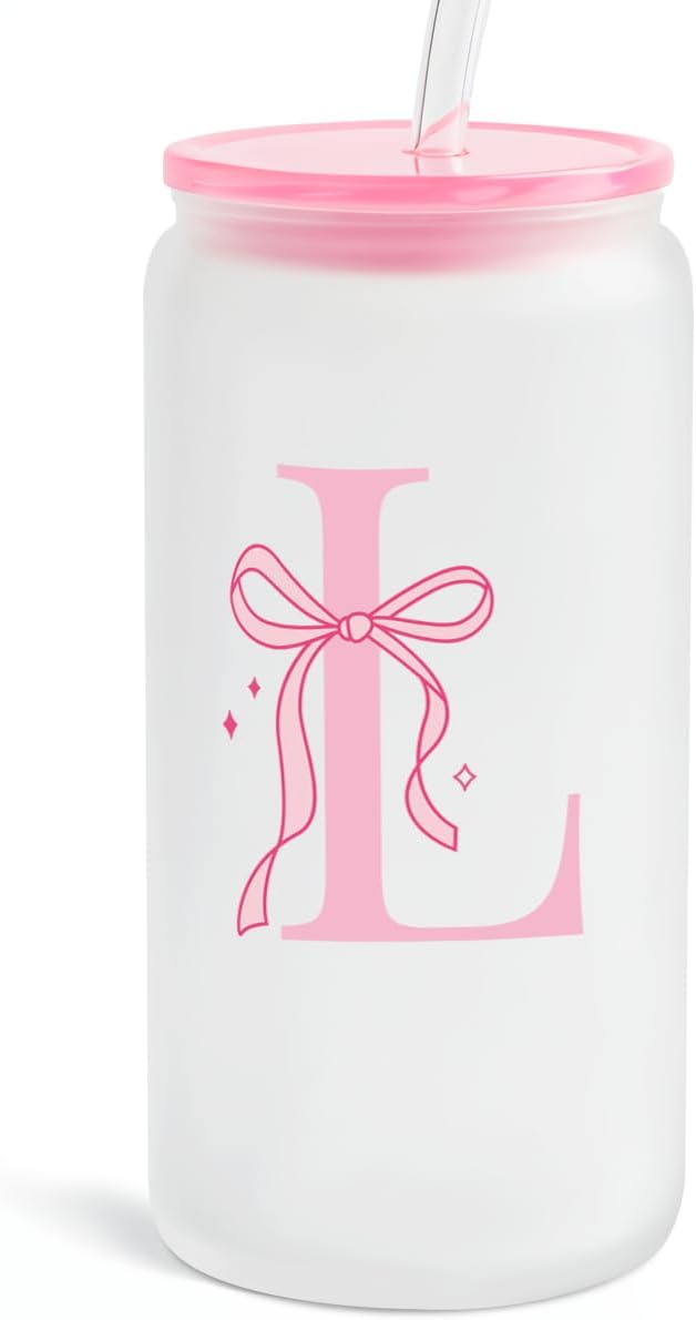 SANDJEST Monogrammed Glass Drinking Can Cup with Acrylic Lid and Straw, Personalized Frosted Iced Coffee Tumbler 16oz, Monogram Initial Gifts for Women Girls on Birthday (L)