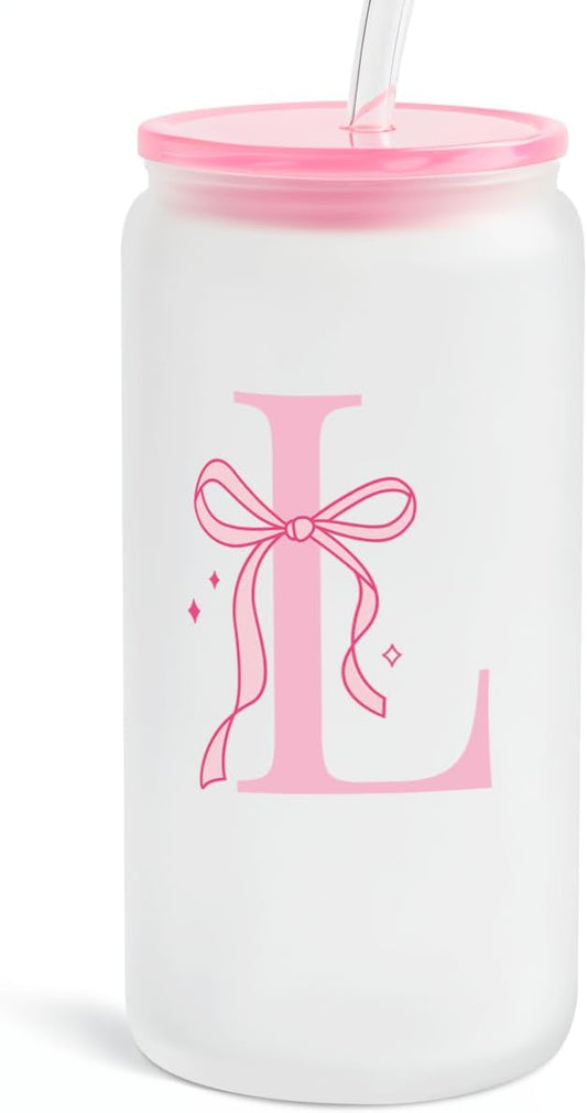 SANDJEST Monogrammed Glass Drinking Can Cup with Acrylic Lid and Straw, Personalized Frosted Iced Coffee Tumbler 16oz, Monogram Initial Gifts for Women Girls on Birthday (L)