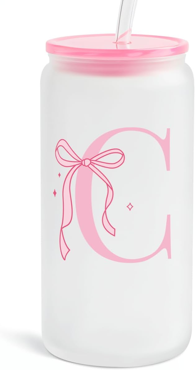 SANDJEST Monogrammed Glass Drinking Can Cup with Acrylic Lid and Straw, Personalized Frosted Iced Coffee Tumbler 16oz, Monogram Initial Gifts for Women Girls on Birthday (C)
