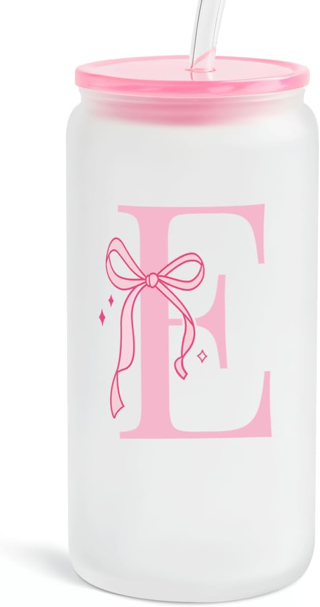 SANDJEST Monogrammed Glass Drinking Can Cup with Acrylic Lid and Straw, Personalized Frosted Iced Coffee Tumbler 16oz, Monogram Initial Gifts for Women Girls on Birthday (E)
