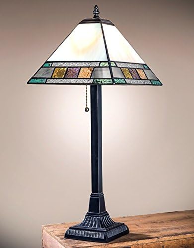 J Devlin Lam 691 TB Tiffany Stained Glass Mission Table Lamp Blue, Amber, Purple, Green, Peach