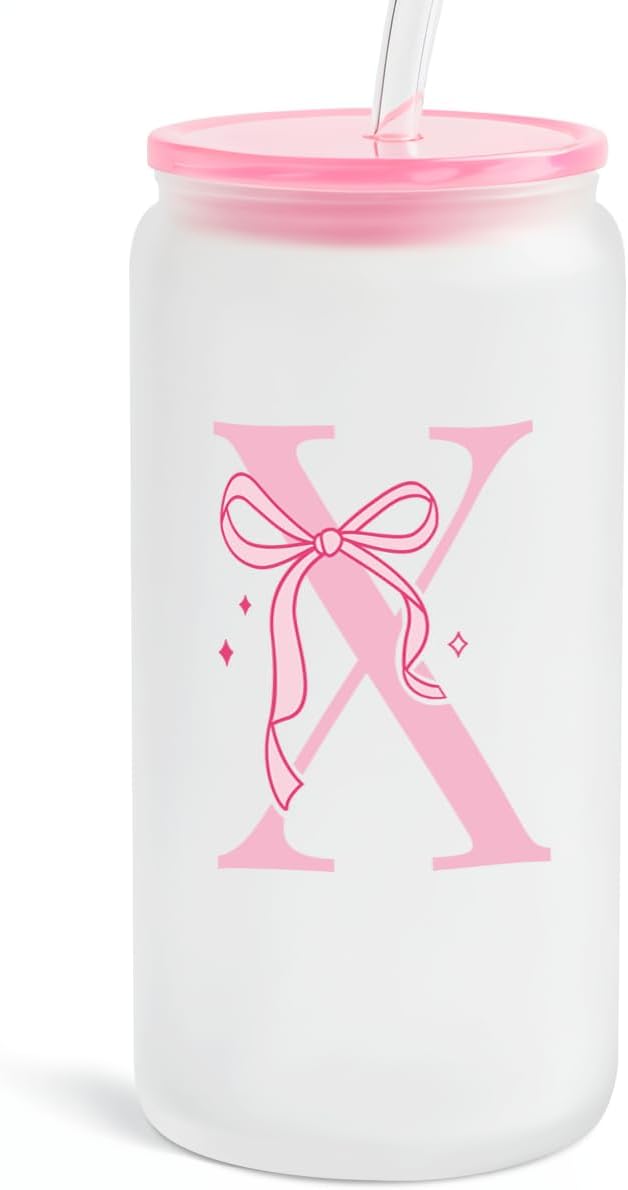 SANDJEST Monogrammed Glass Drinking Can Cup with Acrylic Lid and Straw, Personalized Frosted Iced Coffee Tumbler 16oz, Monogram Initial Gifts for Women Girls on Birthday (X)