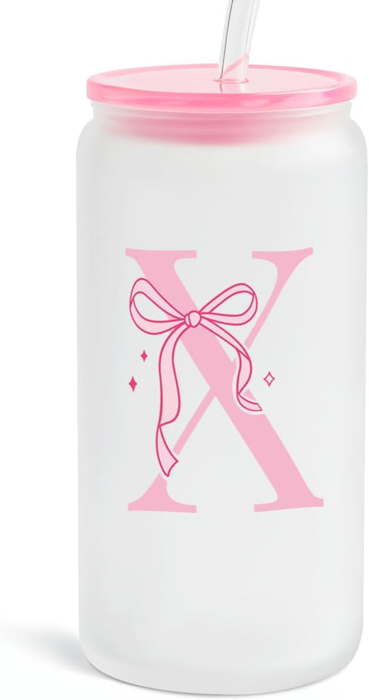 SANDJEST Monogrammed Glass Drinking Can Cup with Acrylic Lid and Straw, Personalized Frosted Iced Coffee Tumbler 16oz, Monogram Initial Gifts for Women Girls on Birthday (X)