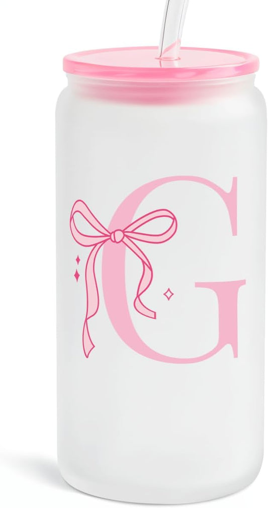 SANDJEST Monogrammed Glass Drinking Can Cup with Acrylic Lid and Straw, Personalized Frosted Iced Coffee Tumbler 16oz, Monogram Initial Gifts for Women Girls on Birthday (G)