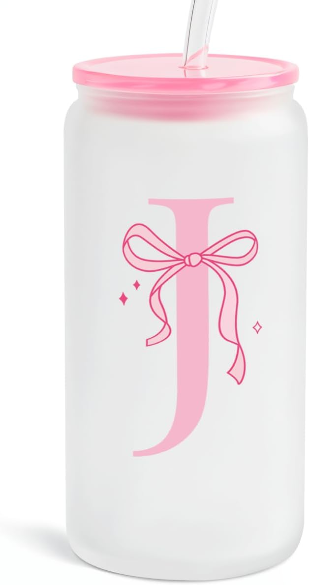 SANDJEST Monogrammed Glass Drinking Can Cup with Acrylic Lid and Straw, Personalized Frosted Iced Coffee Tumbler 16oz, Monogram Initial Gifts for Women Girls on Birthday (J)