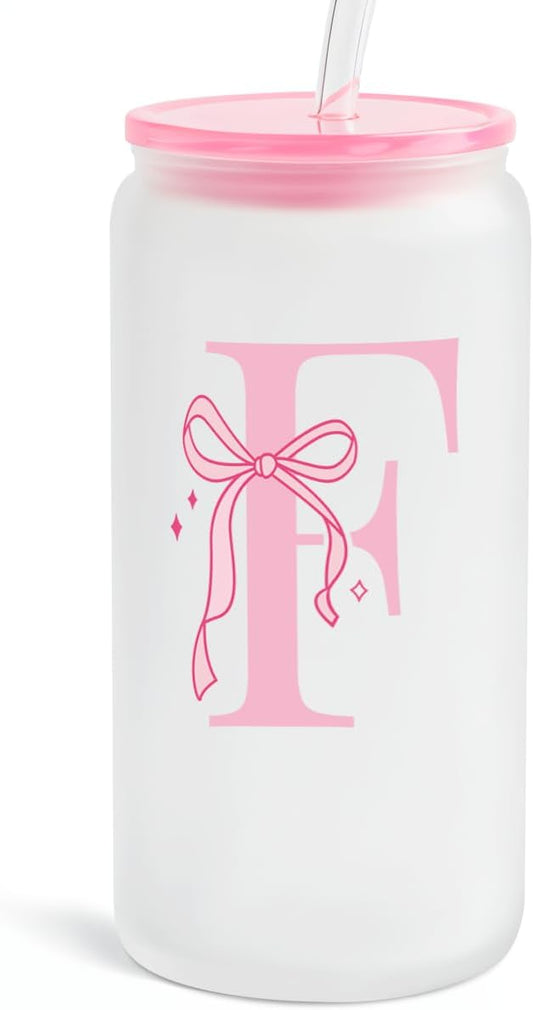 SANDJEST Monogrammed Glass Drinking Can Cup with Acrylic Lid and Straw, Personalized Frosted Iced Coffee Tumbler 16oz, Monogram Initial Gifts for Women Girls on Birthday (F)
