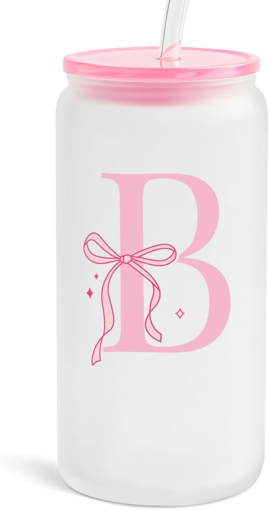 SANDJEST Monogrammed Glass Drinking Can Cup with Acrylic Lid and Straw, Personalized Frosted Iced Coffee Tumbler 16oz, Monogram Initial Gifts for Women Girls on Birthday (B)