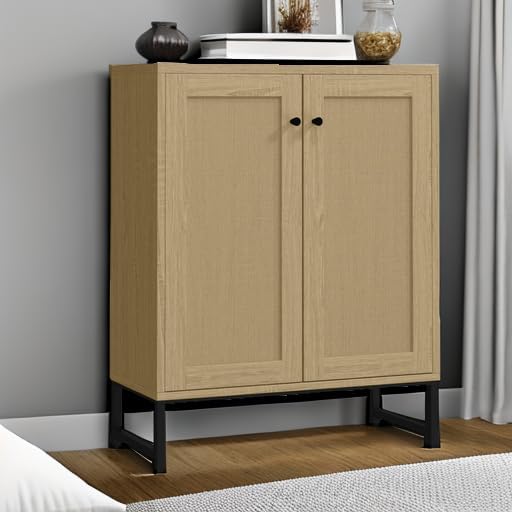 Panana Rattan Decorated 2 Doors Storage Cabinet Accent Cabinet Living Room Cupboard Kitchen Sideboard Buffet Table (Natural)