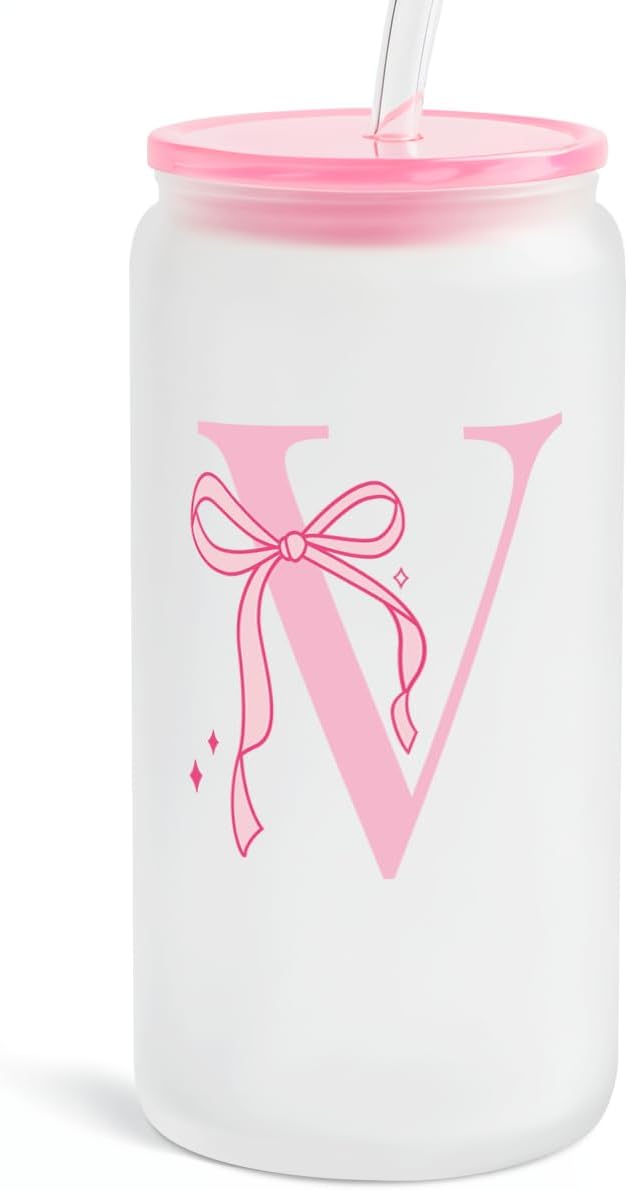 SANDJEST Monogrammed Glass Drinking Can Cup with Acrylic Lid and Straw, Personalized Frosted Iced Coffee Tumbler 16oz, Monogram Initial Gifts for Women Girls on Birthday (V)