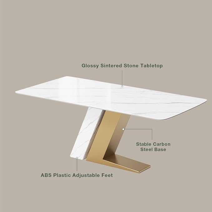 POVISON 63" Modern Dining Table for 4, Gold Dining Table Sintered Stone Dining Tabletop with Z-Shaped Stainless Steel Pedestal, Rectangle Dining Room Table (Table Only)