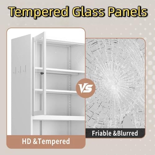 72'' Storage Cabinet, 4 Adjustable Shelves Kitchen Pantry with 2 Glass Doors, Tall White Metal Storage Cabinet with External Hooks, Modern Heavy-Duty Pantry for Kitchen Living Room
