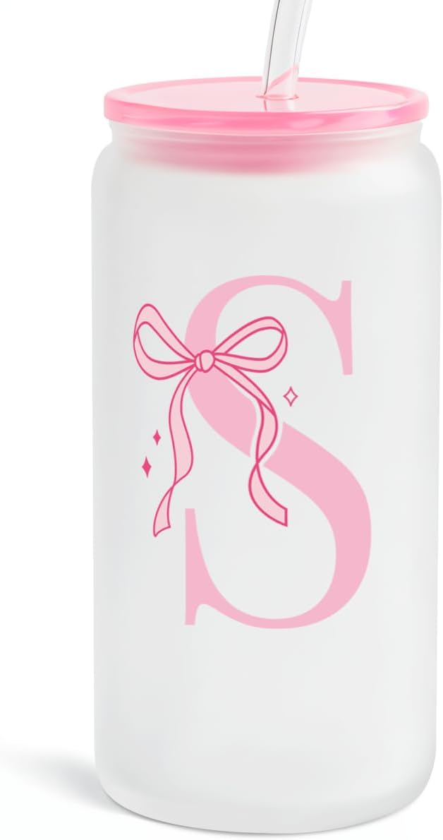 SANDJEST Monogrammed Glass Drinking Can Cup with Acrylic Lid and Straw, Personalized Frosted Iced Coffee Tumbler 16oz, Monogram Initial Gifts for Women Girls on Birthday (S)