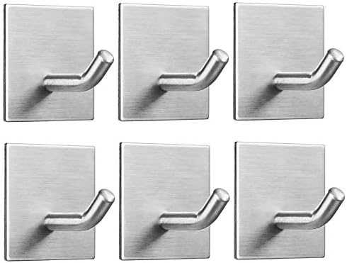 Heavy Duty Adhesive Hooks, Stick on Wall Adhesive Hangers, Strong Stainless Steel Holder, Self Adhesive Hooks for Kitchen Bathroom Home Door Towel Coat Key Robe 6 Packs Silver
