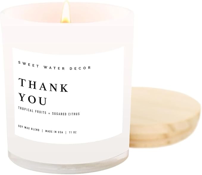 Sweet Water Decor Thank You Candle - Hospitality Thank You Gift, Gift Basket Stuffer, Appreciation - 11oz White Jar, 50+ Hour Burn Time, Made in The USA