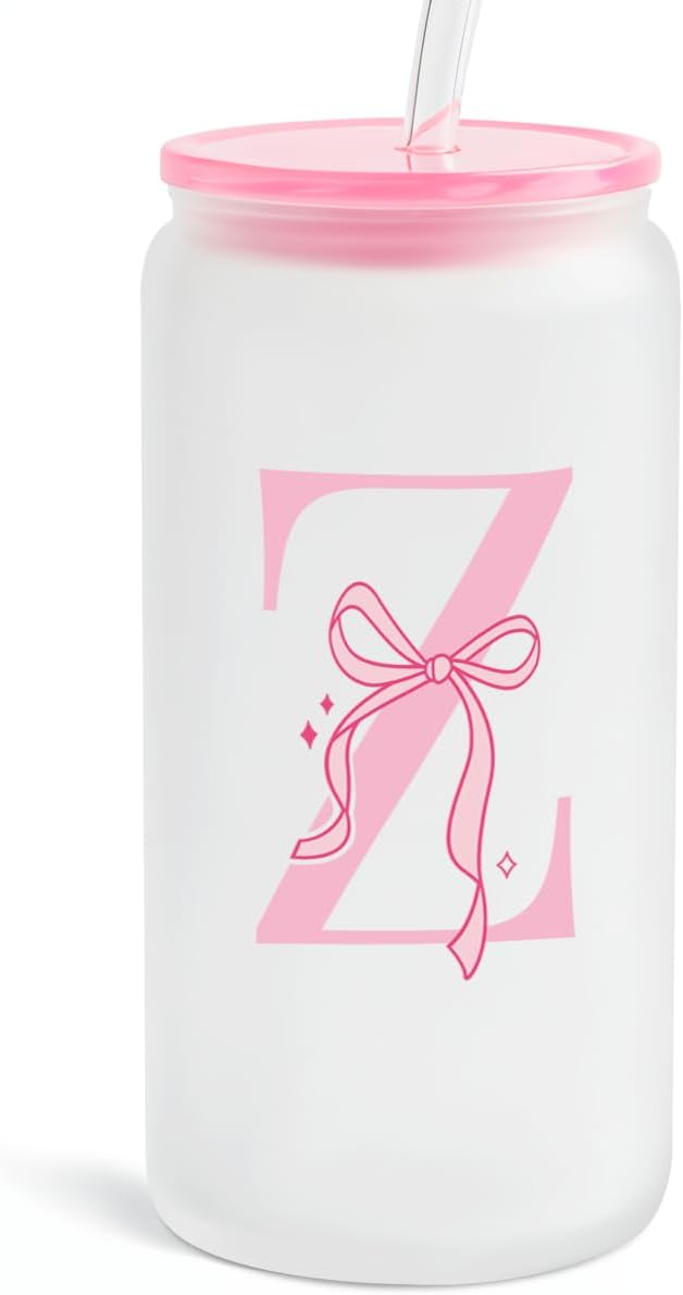SANDJEST Monogrammed Glass Drinking Can Cup with Acrylic Lid and Straw, Personalized Frosted Iced Coffee Tumbler 16oz, Monogram Initial Gifts for Women Girls on Birthday (Z)
