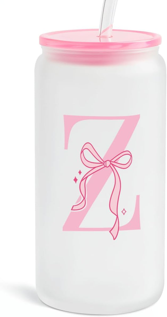 SANDJEST Monogrammed Glass Drinking Can Cup with Acrylic Lid and Straw, Personalized Frosted Iced Coffee Tumbler 16oz, Monogram Initial Gifts for Women Girls on Birthday (Z)