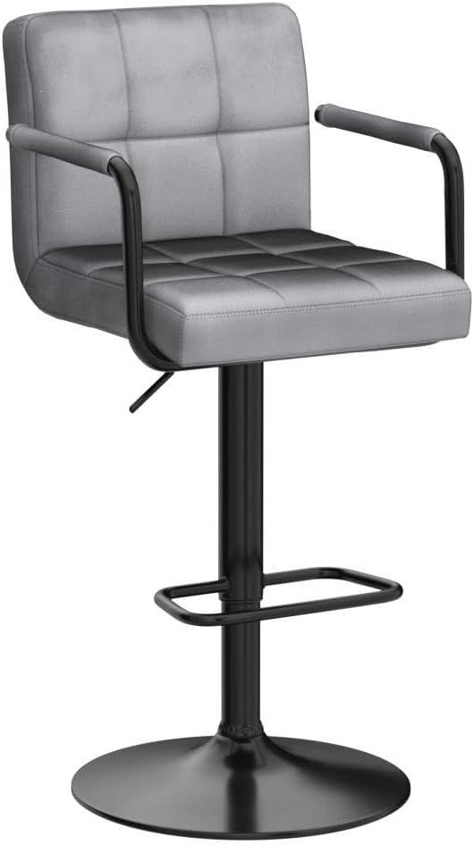 Furnimart Adjustable Bar Stool Swivel Barstools Set of 2 Counter Stools with Armrest and Footrest Upholstered Bar Chairs for Kitchen and Dining Room (Velvet-Grey)