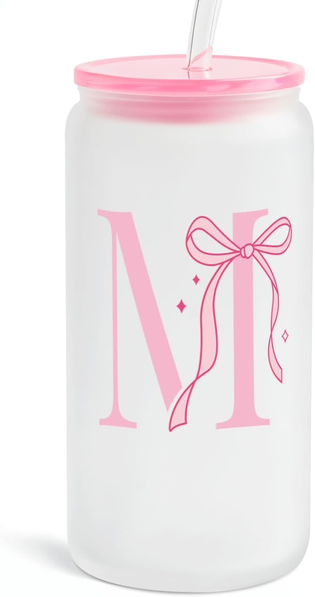 SANDJEST Monogrammed Glass Drinking Can Cup with Acrylic Lid and Straw, Personalized Frosted Iced Coffee Tumbler 16oz, Monogram Initial Gifts for Women Girls on Birthday (M)
