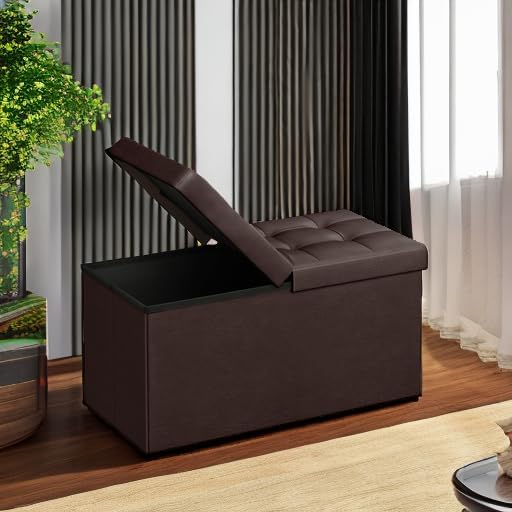 SONGMICS MAZIE Collection - 30 Inches Storage Ottoman Bench with Flipping Lid, Storage Chest Footstool, Load 660 lb, for Entryway, Living Room, Bedroom, Synthetic Leather, Brown ULSF45BR