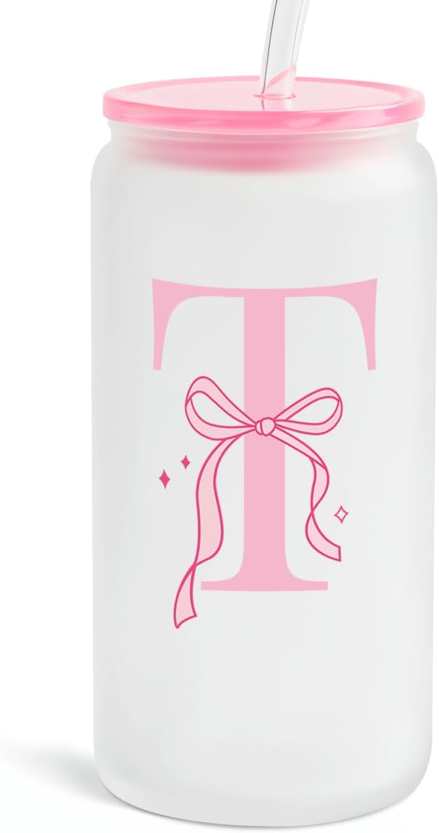 SANDJEST Monogrammed Glass Drinking Can Cup with Acrylic Lid and Straw, Personalized Frosted Iced Coffee Tumbler 16oz, Monogram Initial Gifts for Women Girls on Birthday (T)